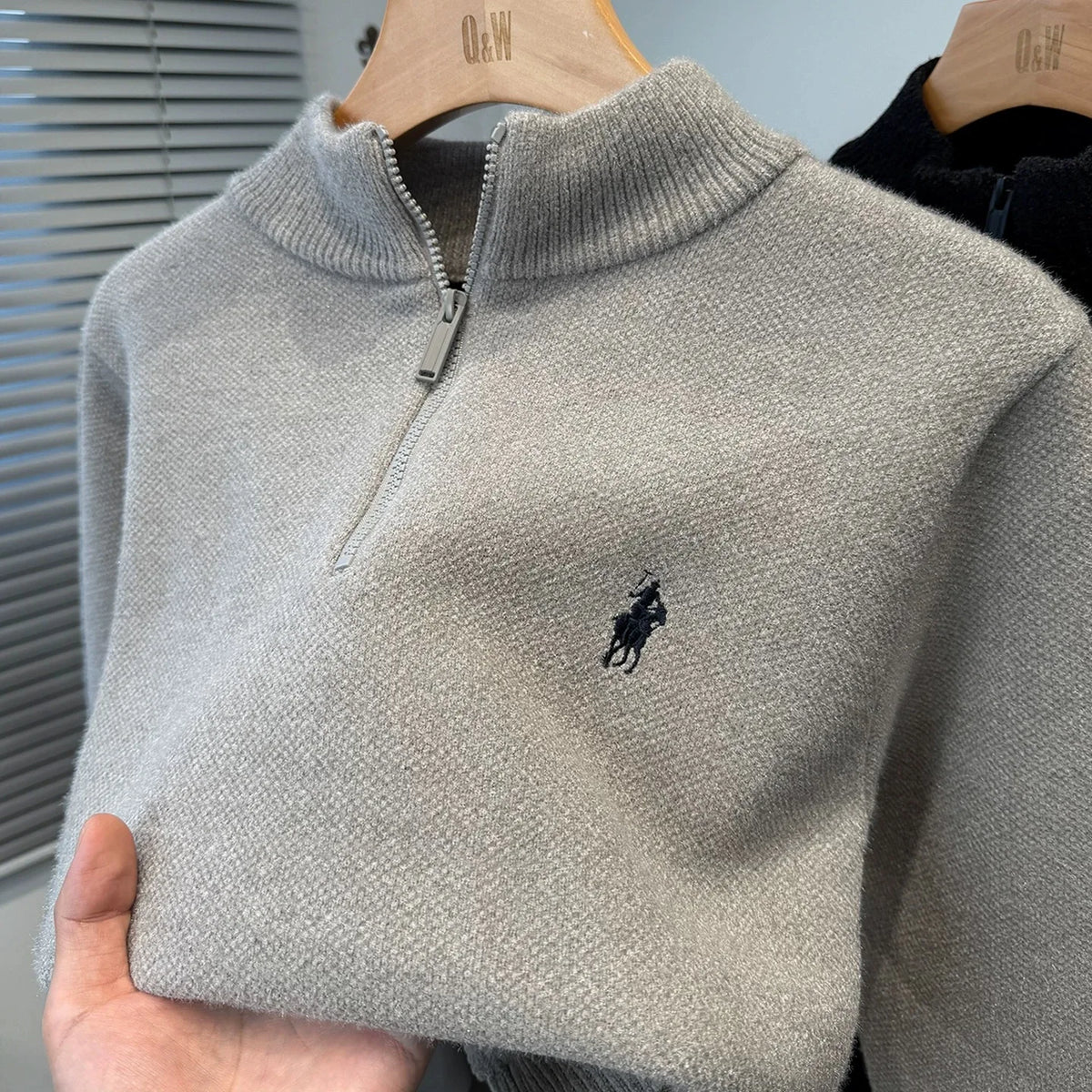 Solid Embroidery Half Zip Stand Collar Sweater
