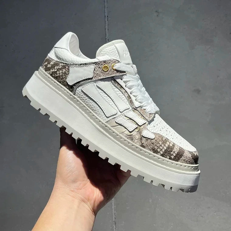 White Patchwork Genuine Leather Casual Sneakers