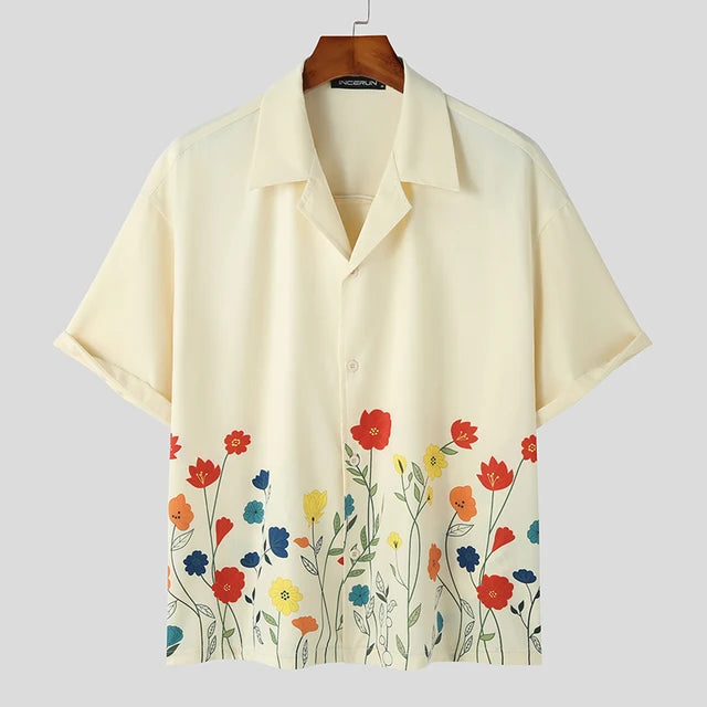 Flower Printing Lapel Short Sleeve Shirt