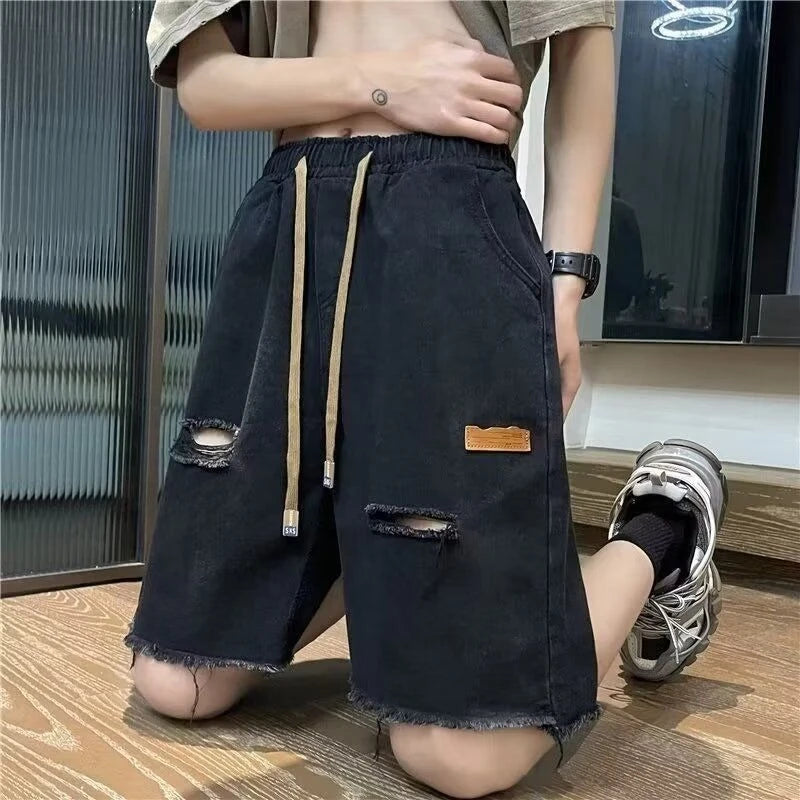 Washed Ripped Drawstring Denim Shorts