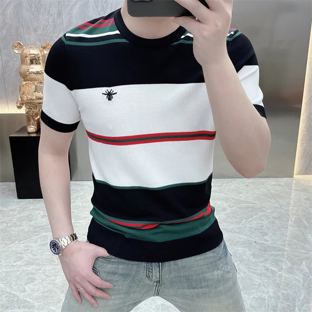 Contrasting Color Splicing Striped T-Shirt