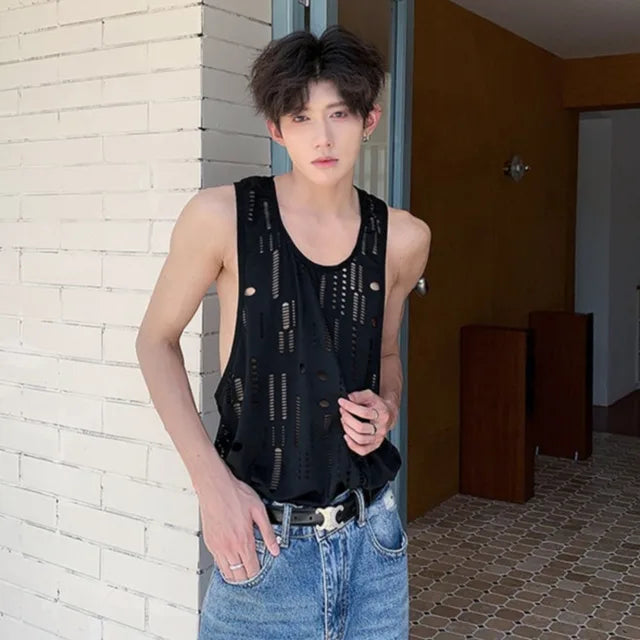 Loose Round Collar Hollowed Tank Top