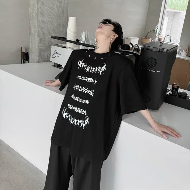 Letter Printed Rivet Metal Decorate T-Shirt