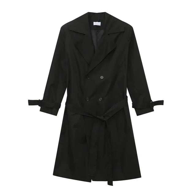 Belt Double-Breasted Solid Lapel Coat