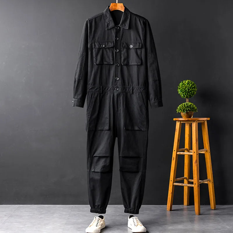 Solid Multi-pocket Workwear Jumpsuit