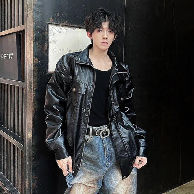 Black Solid Color PU Leather Jacket