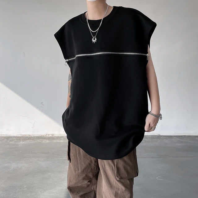 Double Zipper Loose Solid Tank Top