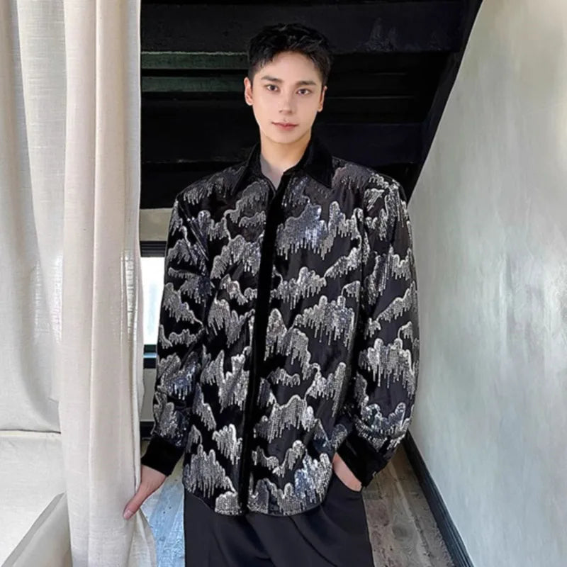 Embroidery Sequins Turn-down Collar Shirt