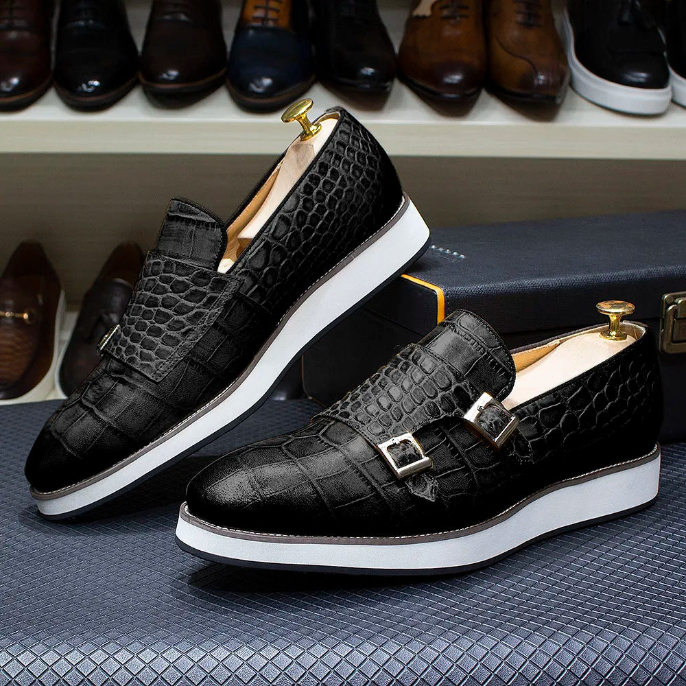 Crocodile Pattern Leather Double Monk Shoes