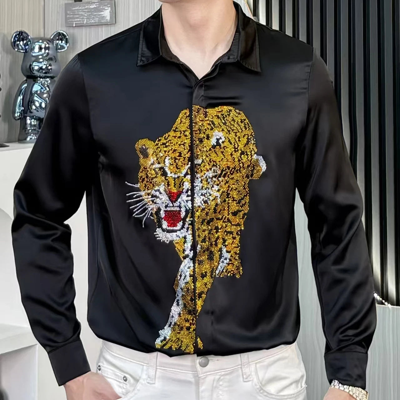 Tiger Rhinestones Polyester Long Sleeve Shirt