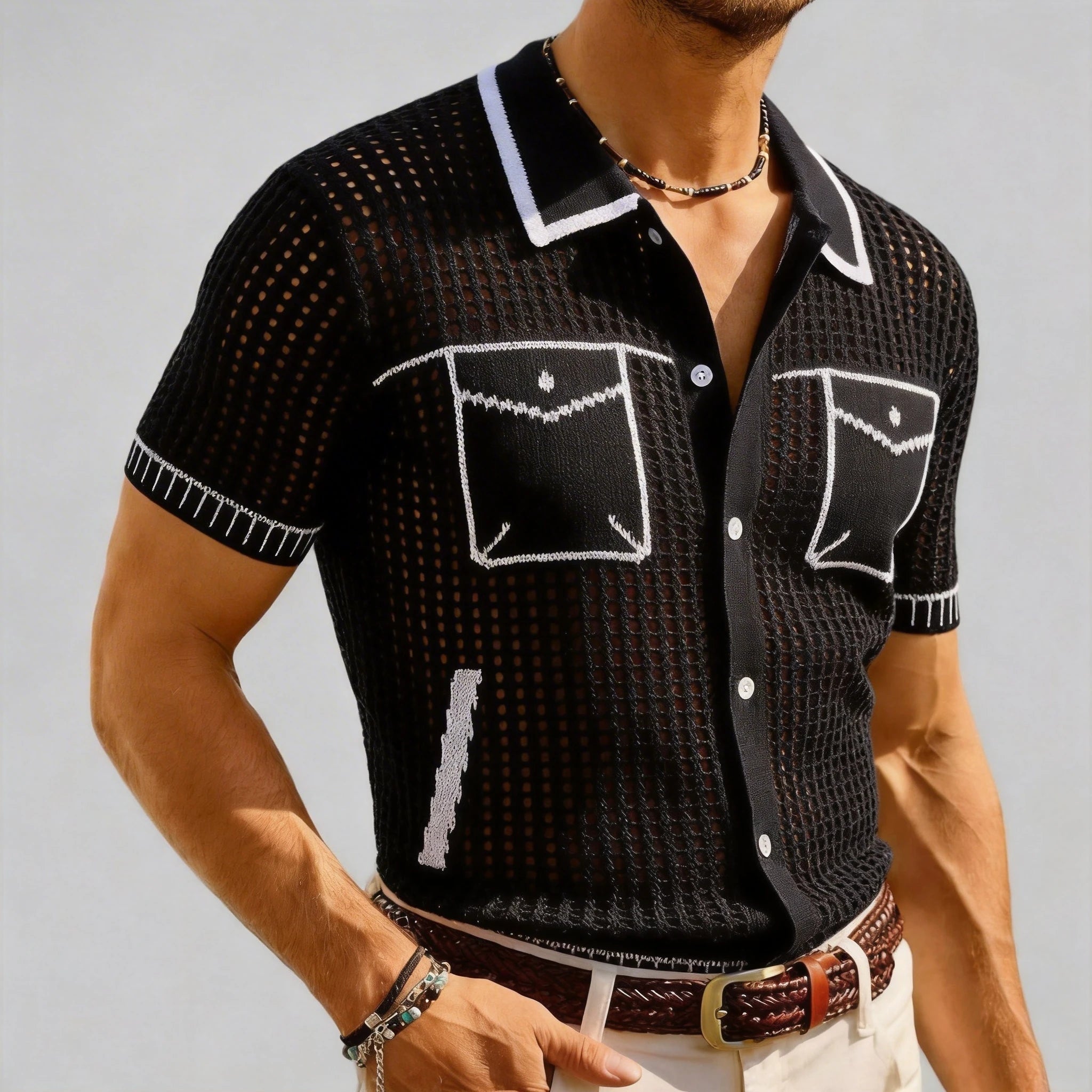 Hollow Out Knit Short-Sleeved Shirt