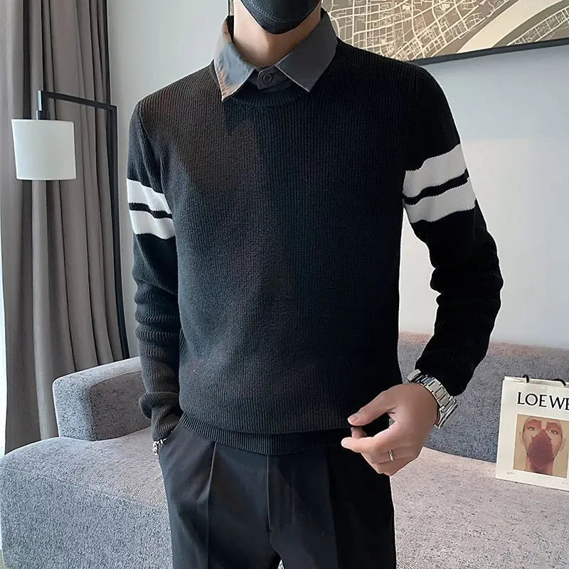 Fake Two Pieces Spliced Stripe Sweater