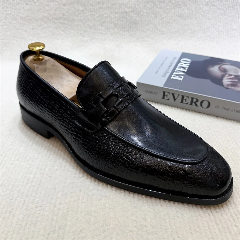 Solid Crocodile Print Genuine Leather Loafers