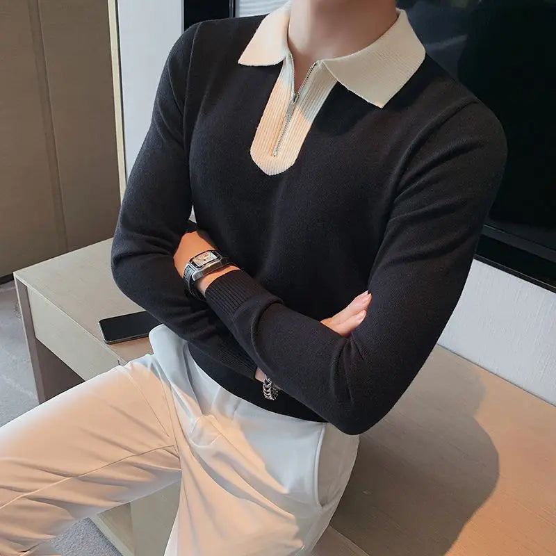 Lapel Half Zipper Long Sleeve Polo Shirt