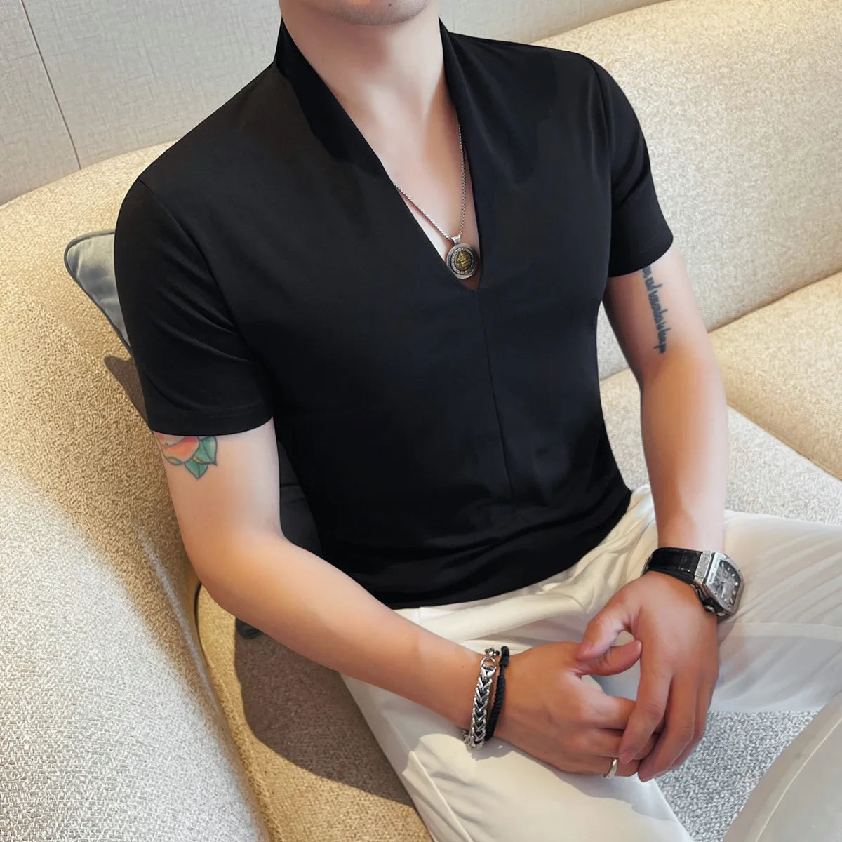 V-Neck Solid Short Sleeve T-Shirt