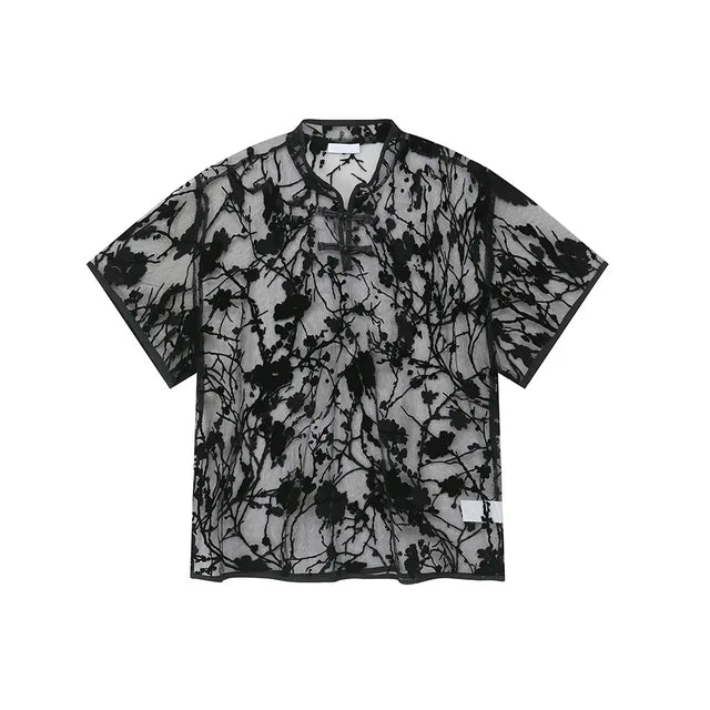 See Through Embroidery Black Shirt