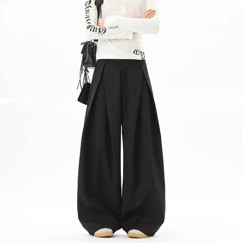 Solid Pleated Wide-Leg Loose Trousers