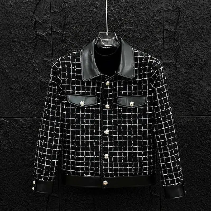 Windowpane Leather Trim Tweed Jacket