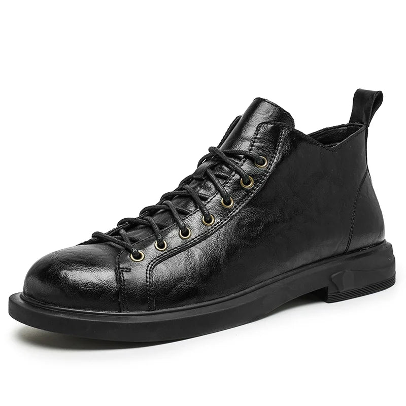 Retro Solid Color Leather High-Top Sneakers