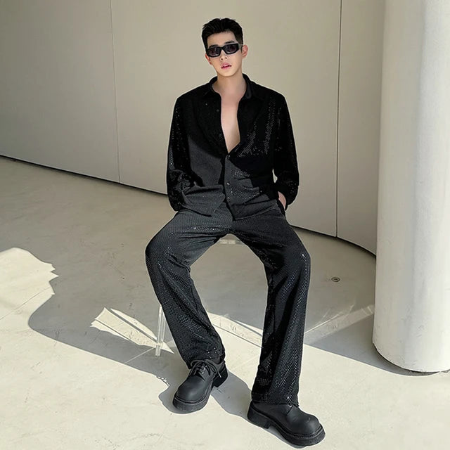 Single Breasted Solid Bling Pants Set
