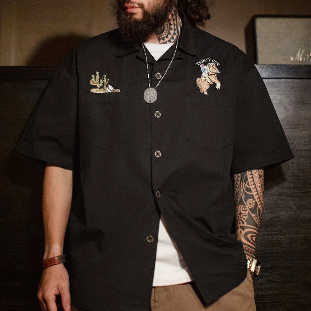 Single-Breasted Embroidered Black Cotton Shirt