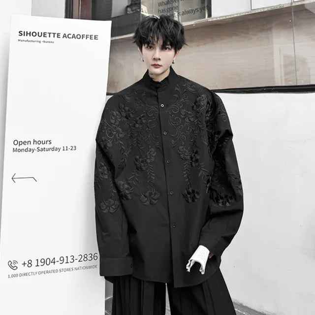 Solid Flower Embroidery Loose Shirt