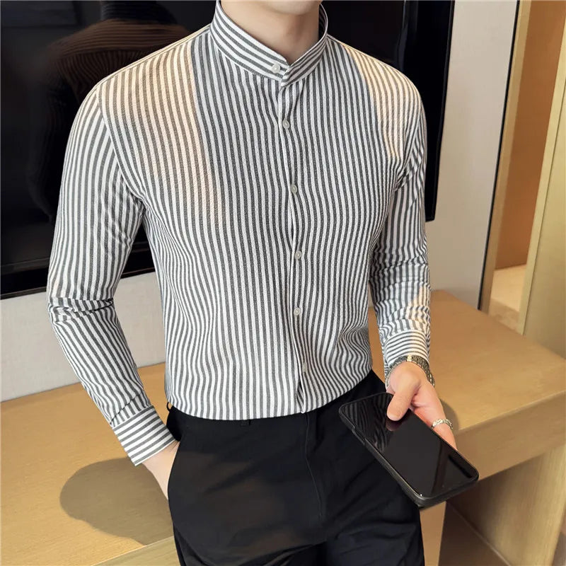 Vertical Striped Stand-up Collar Shirt