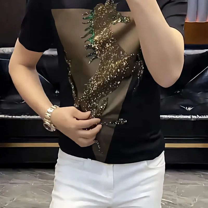 Black Horse Pattern with Rhinestone T-Shirt