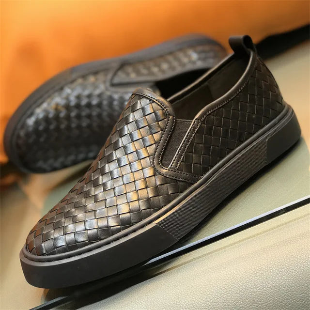 Woven Pattern Leather Flat Slip-On Shoes
