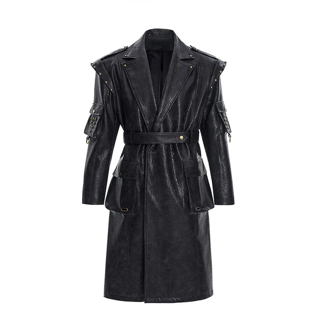 Black Button Rivet Desing Leather Coat