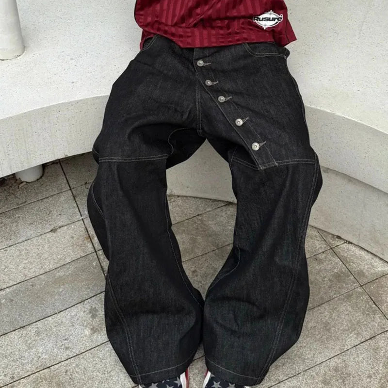 Button Curved Loose Straight Jeans