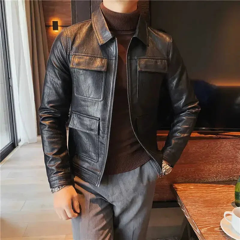 Structured Multi-Pocket Leather Jacket