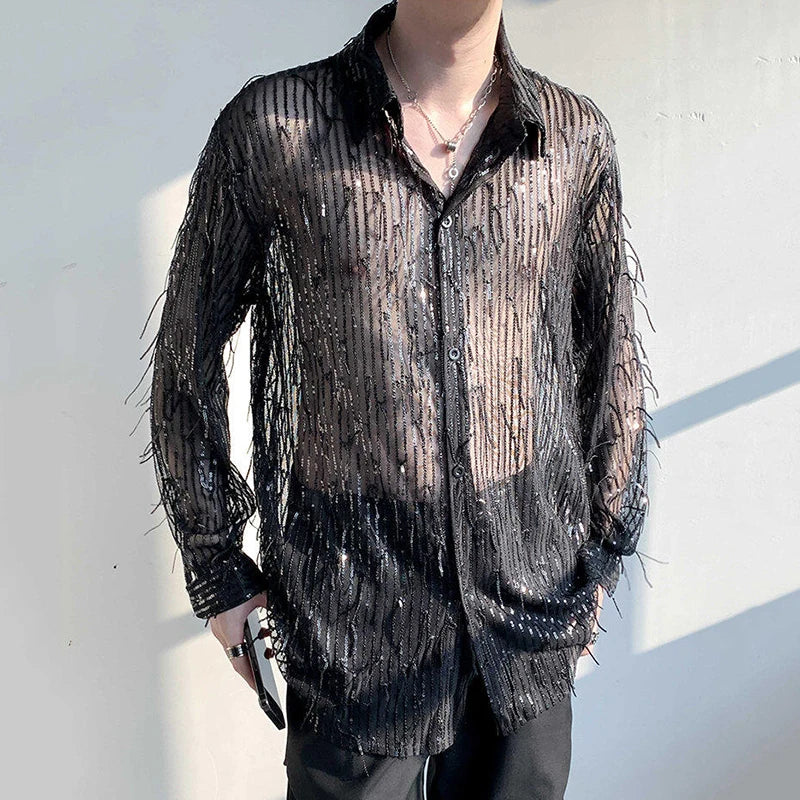 Tassel Sequins Lapel Thin Loose Shirt