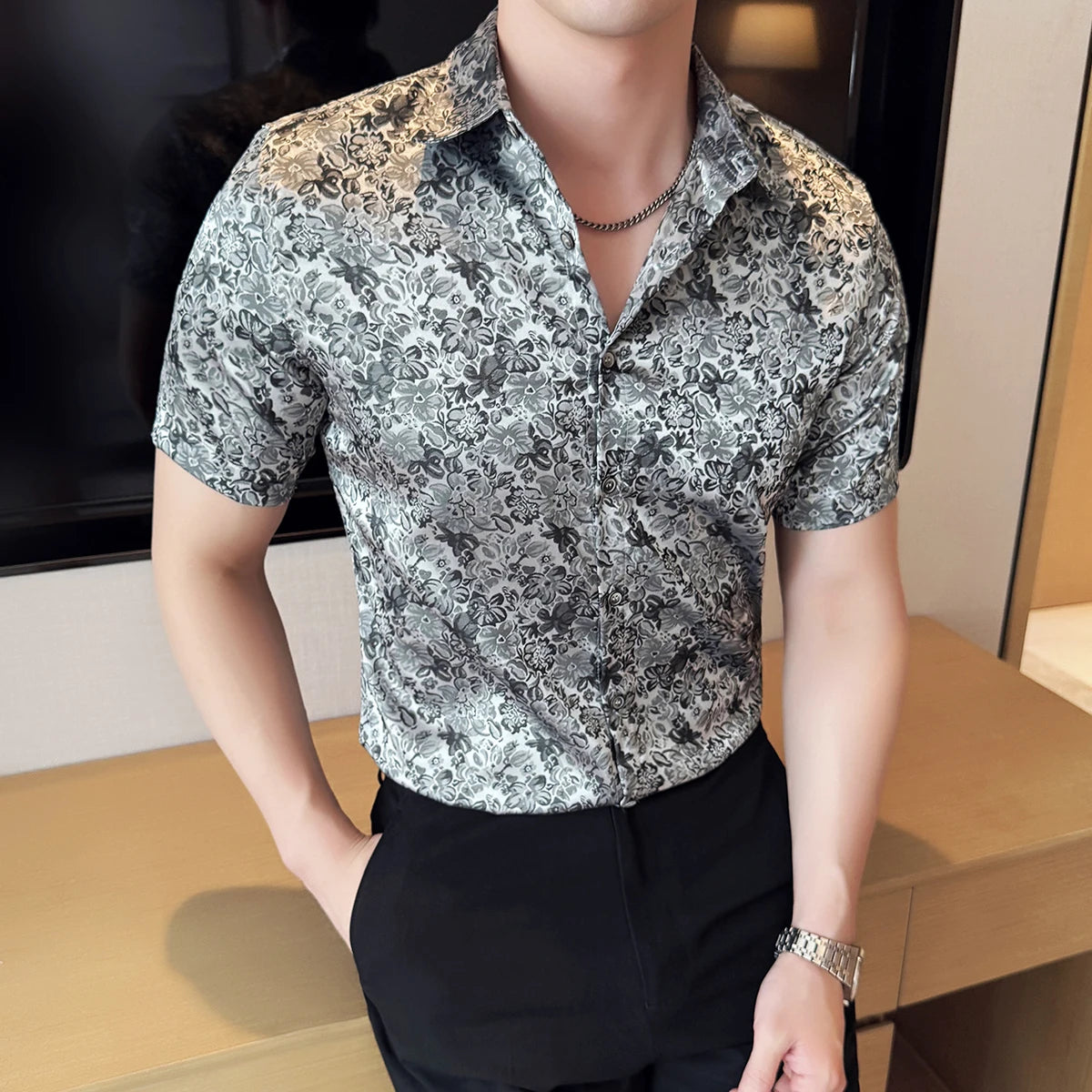 Ice Silk Flower Men's Short Sleeve Shirt