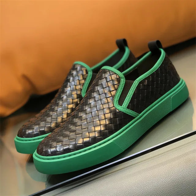 Woven Pattern Leather Flat Slip-On Shoes