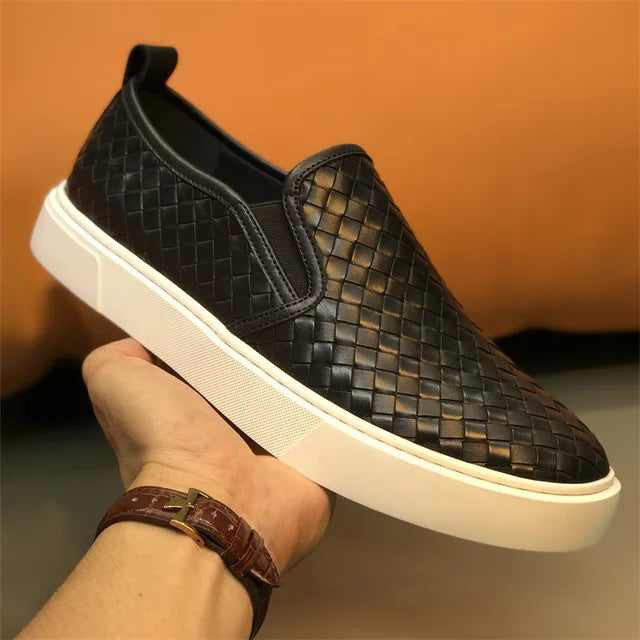 Woven Pattern Leather Flat Slip-On Shoes