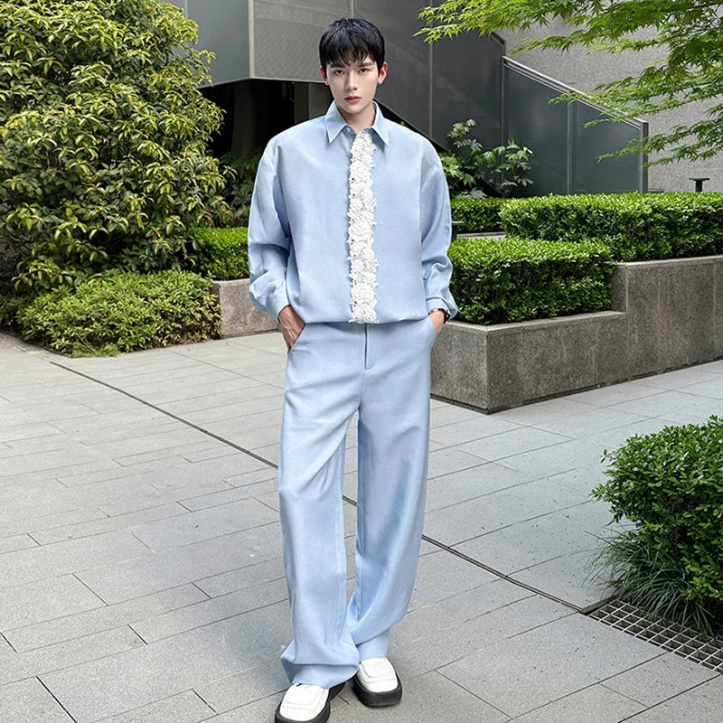 Lace Patchwork Sky Blue Color Pants Set