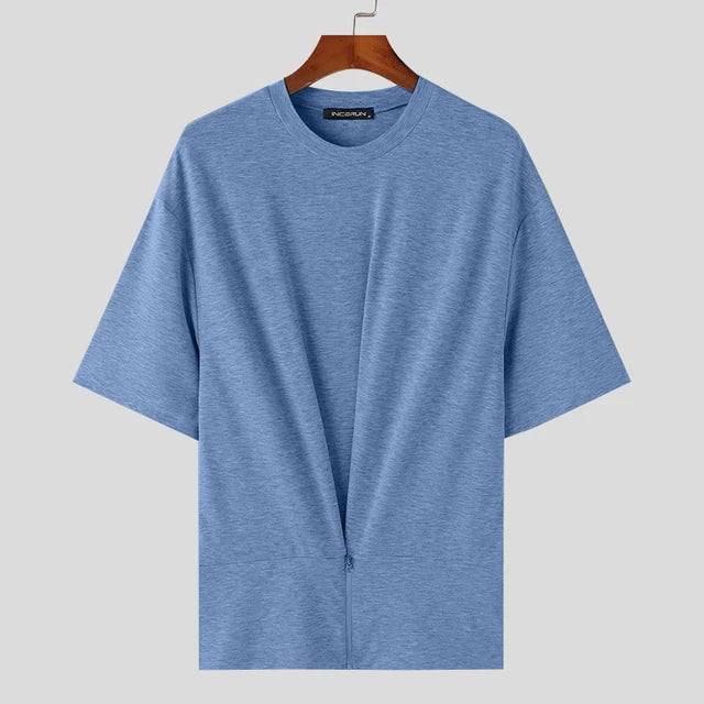 Irregular Solid O-Neck Zipper T-Shirt