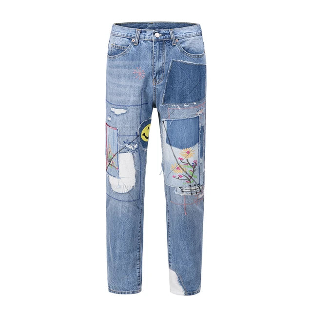 Streetwear Embroidery Patchwork Ripped Jeans