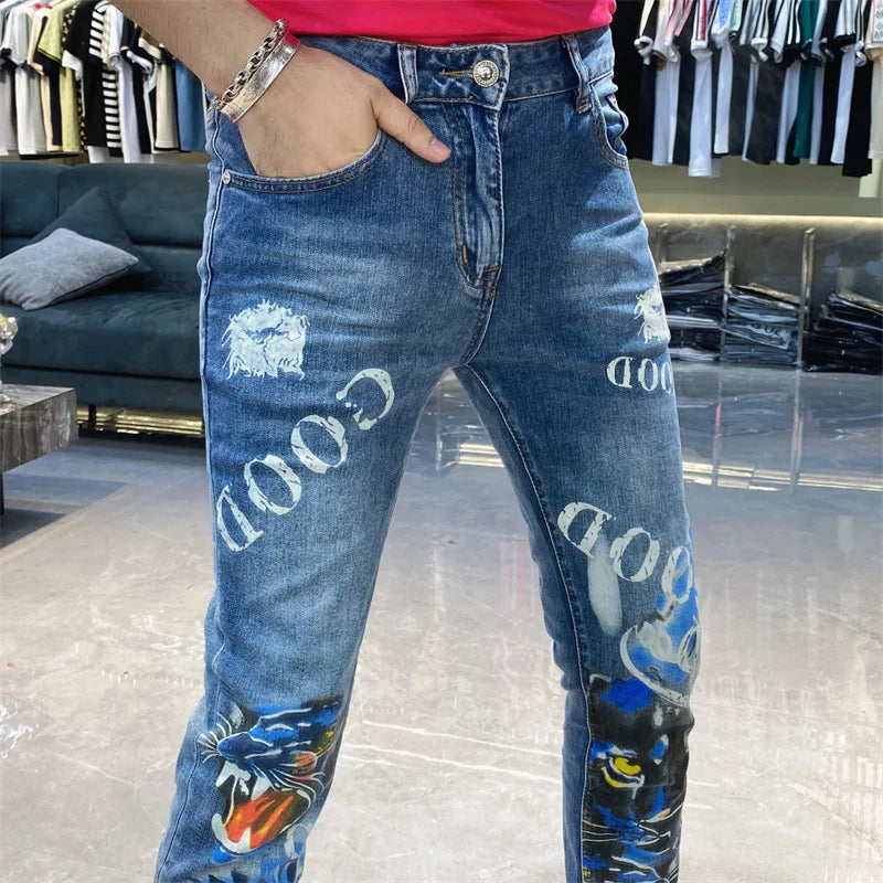 Animal Letter Print Straight Jeans