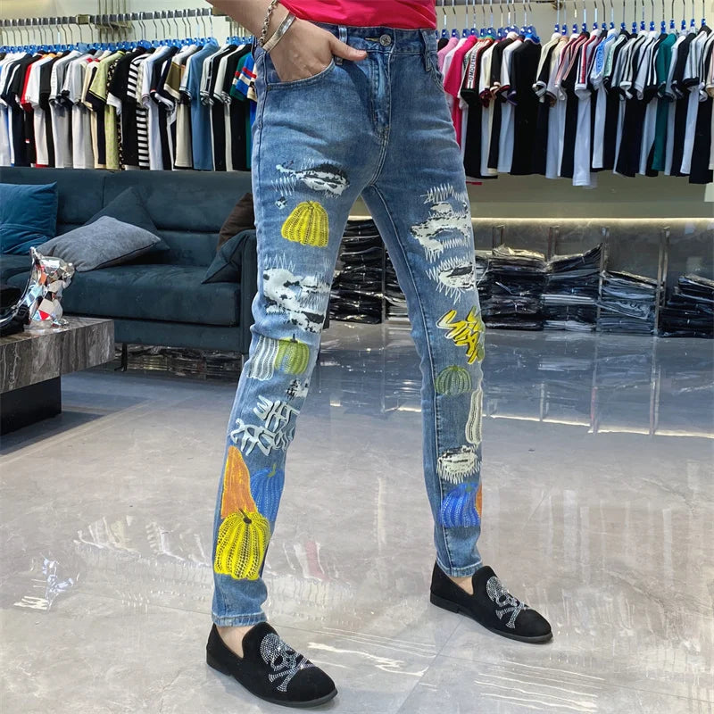 Graffiti Print Ripped Straight Fit Jeans