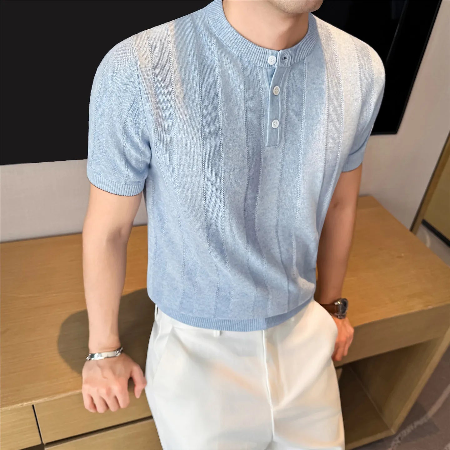 Summer Linen Blend Henry Collar T-Shirt