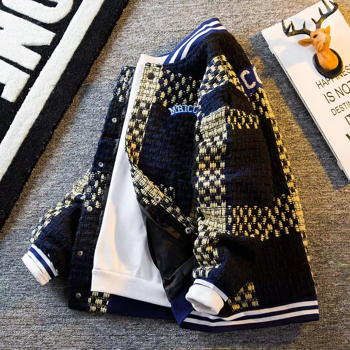 Colorblock Woven Knit Round Collar Jacket