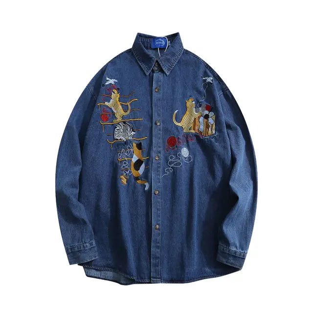 Denim Cat Embroidered Loose Shirt