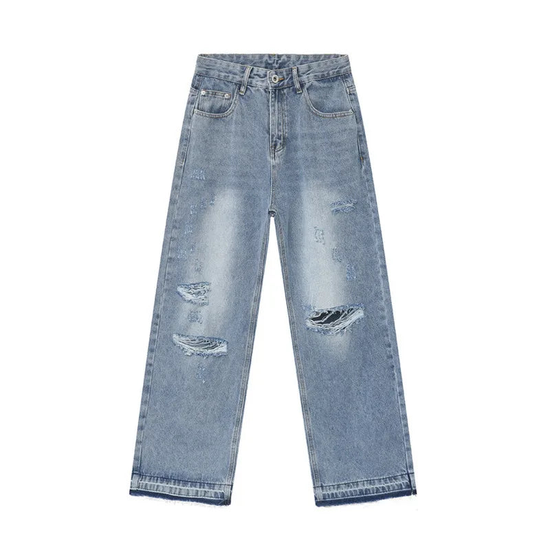 Light Blue Worn-out Hole Design Men's Jeans