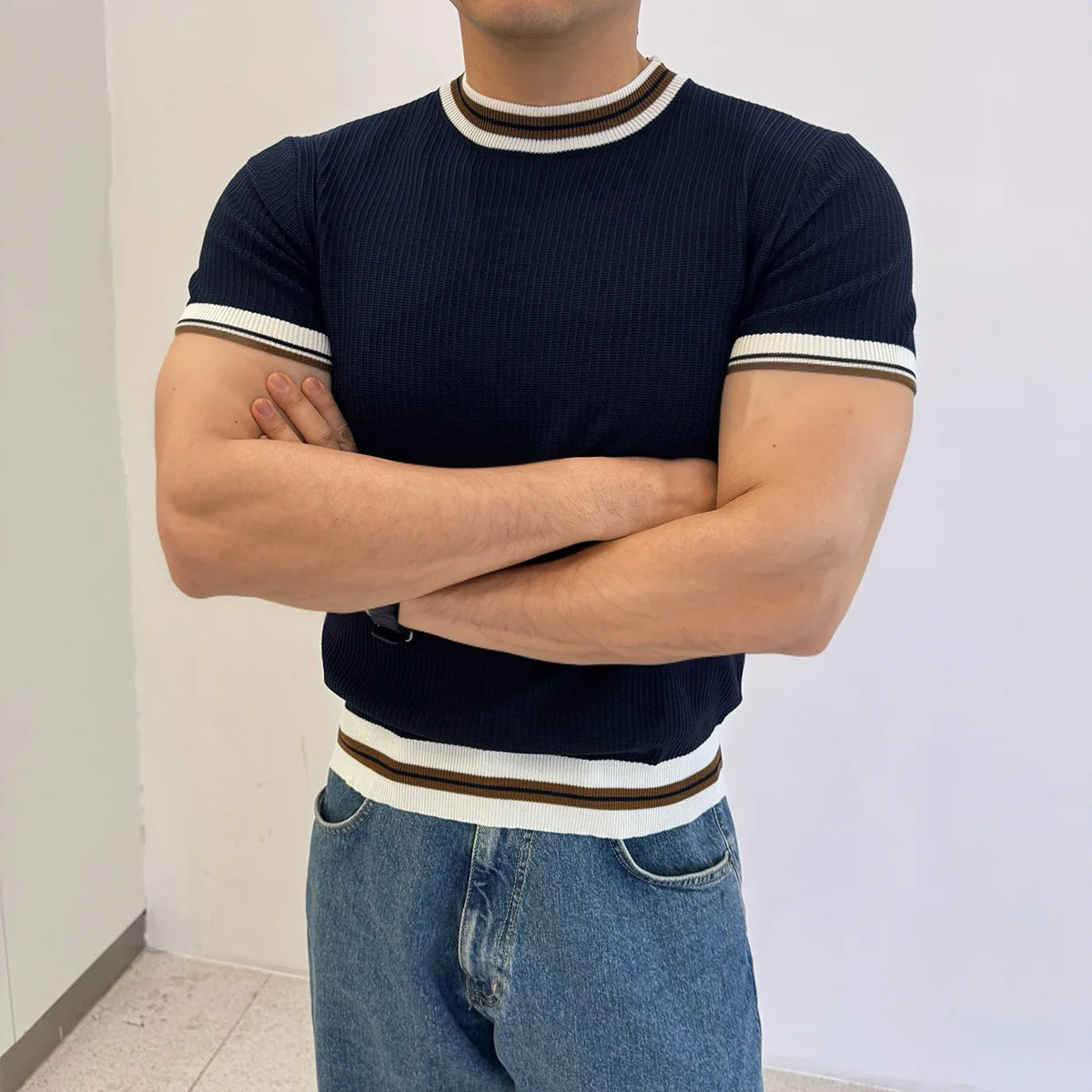 Line Round Neck Casual Pullover T-Shirt