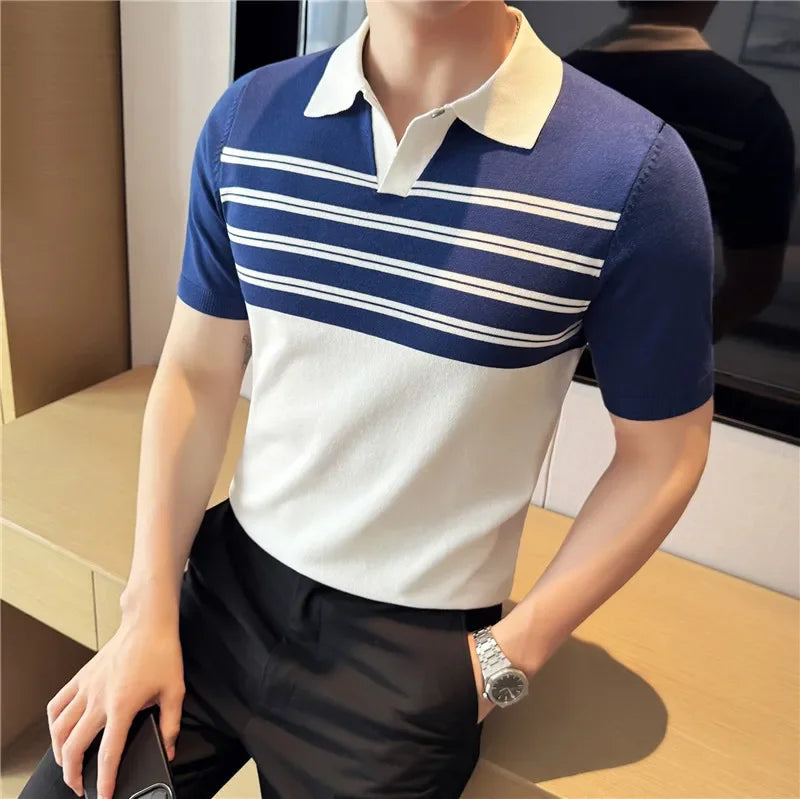 Spliced Knitted Striped Casual Polo Shirt