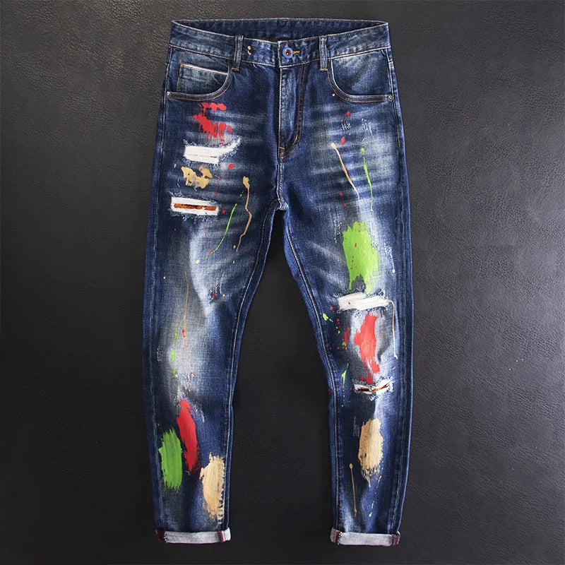 Spray Paint Printed Graffiti Ripped Jeans
