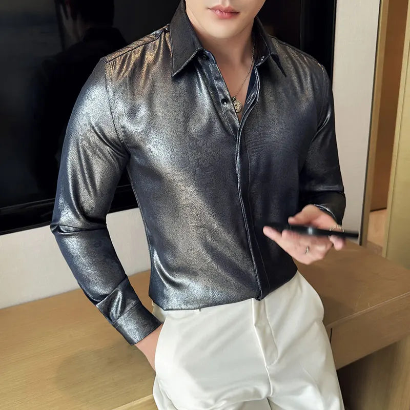Glossy Plain Color Long Sleeve Men's Shirt