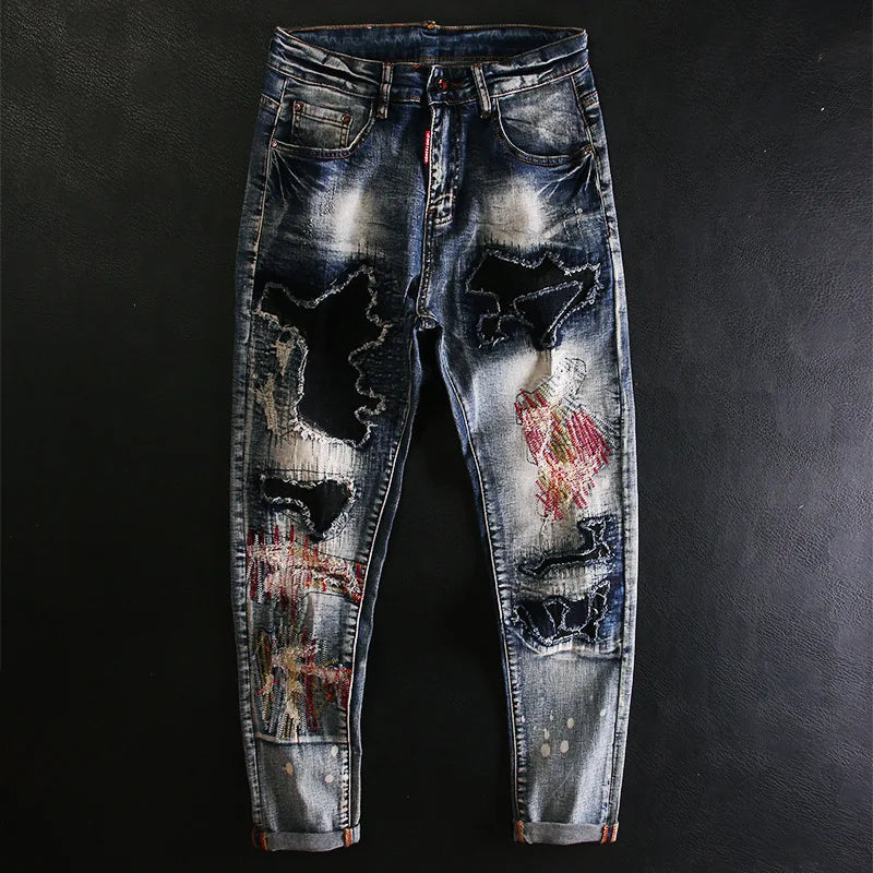 Abstract Ripped Patch Embroidered Jeans